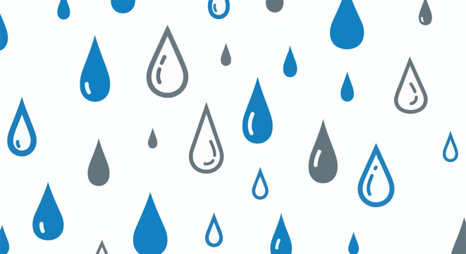 Abstract pattern of falling blue and grey water drops against a white background