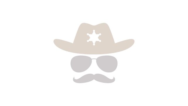 Sheriff hat with sunglasses and a mustache icon moving smoothly across the screen in a simple animation loop designed for modern digital media projects requiring a clean and professional graphic style