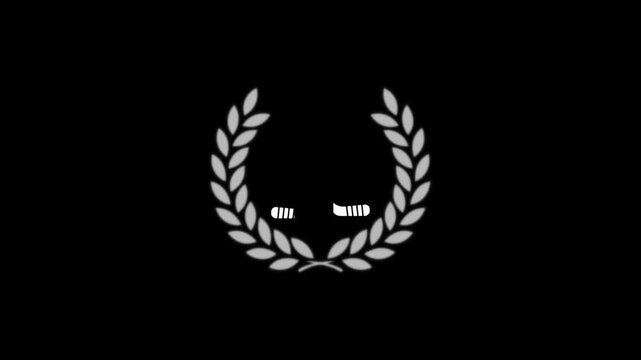 Crossed hockey sticks emblem encased within a circular laurel wreath design rotating smoothly in a continuous motion as a clean minimalist graphic animation for sports branding and professional 