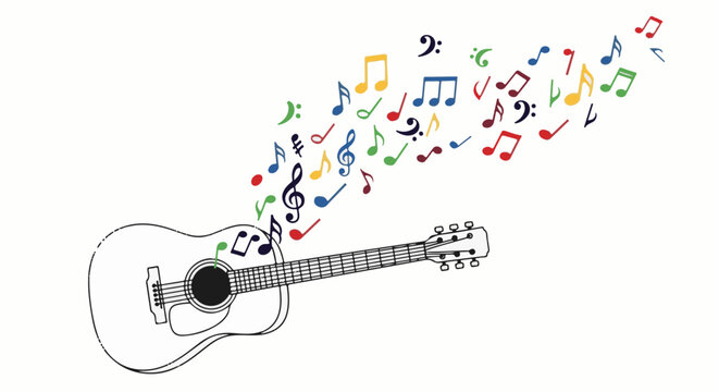 Acoustic guitar with colorful musical notes flowing outwards