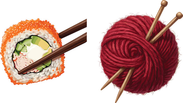 California Sushi Roll held by Chopsticks and Red Ball of Yarn with Knitting Needles Miscellaneous Isolated Object Vector Illustration Set