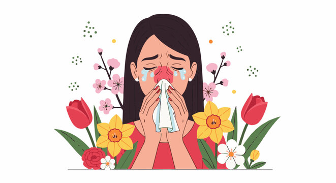 A woman with red eyes and nose, crying into a tissue, surrounded by spring flowers