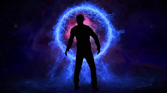 Man facing energy field portal rear shot