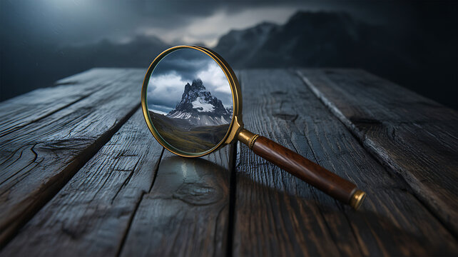 Magnifying glass focusing on distant mountain landscape for exploration