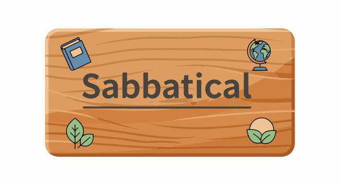 A wooden sign with the word "Sabbatical" and decorative icons