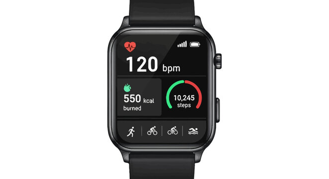 A smartwatch displays fitness tracking data on its screen.