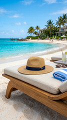 Obraz premium Sombrero de paja elegante en tumbona tropical con ambiente relajante y veraniego.