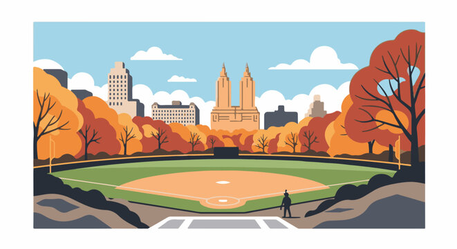 Autumn baseball field with cityscape and fall foliage