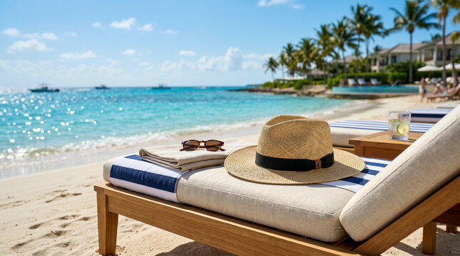 Sombrero de paja elegante en tumbona tropical con ambiente relajante y veraniego.