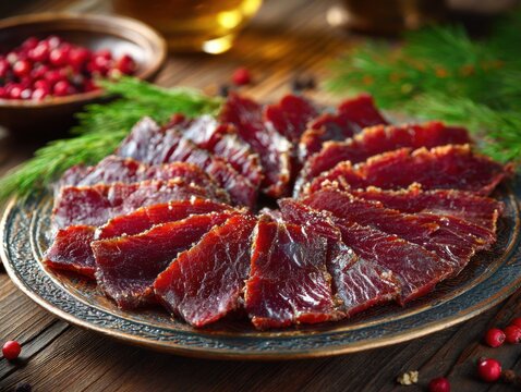 Traditional Kazakh Zhaya Sliced Cured Horse Meat Delicacy on Plate, Authentic Central Asian Cuisine
