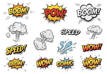 Retro Comic Book Explosion Sound Effect Elements Set Boom Pow Wow Pop Art Vector Illustration Design © Prosenjit