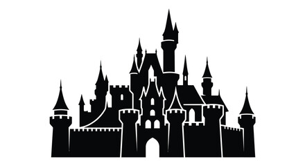 Fantasy castle silhouette black and white illustration for storytelling and design projects © MahiAhmed