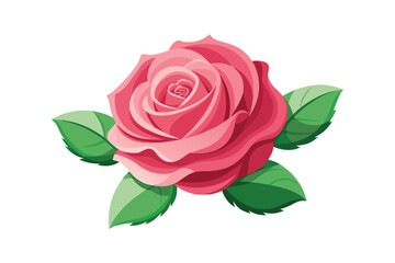 Fototapeta premium Minimalist romantic rose blossom icon with green leaves.