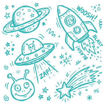 Space adventure doodle set with rocket ship UFO alien and planet vector illustration