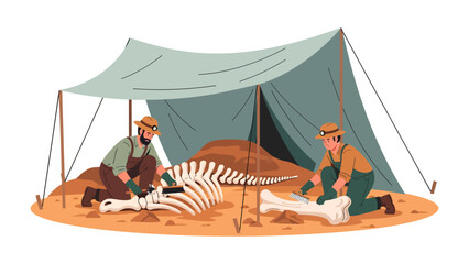 Paleontologists Excavating Dinosaur Bones: Two paleontologists, dressed in hats and overalls, meticulously excavate a large dinosaur skeleton under a tent in a desert landscape. © Ajm