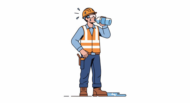 Construction worker in hard hat drinks from bottle in heat, sweating profusely
