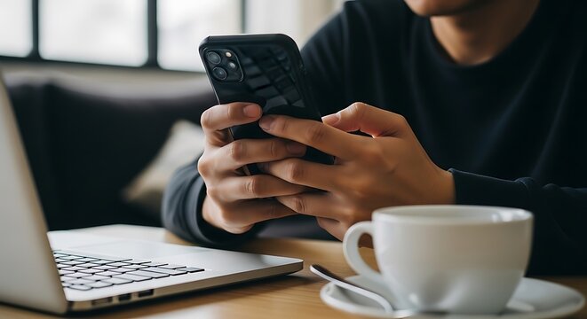 Man using a smartphone with a laptop and coffee cup on table, close up shot
