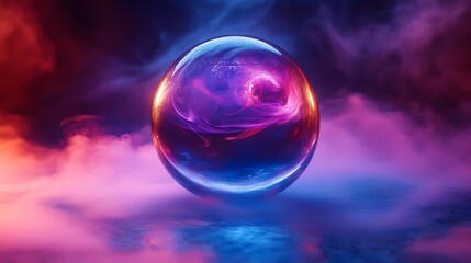 Fototapeta premium Glowing Magical Crystal Sphere with Vibrant Neon Nebula Smoke Background.