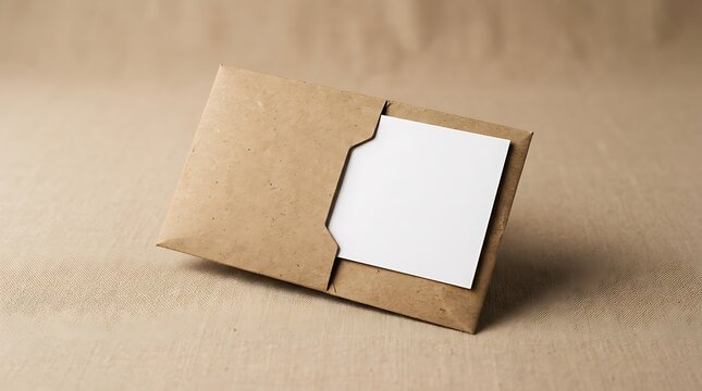 Blank square white card inserted in brown kraft paper envelope mockup for wedding invitation or greeting card display on textile beige.
