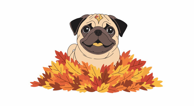 Cute pug peeking from a pile of colorful autumn leaves