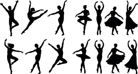 Graceful Ballet Dancer Silhouettes Set with Elegant Ballerinas Performing Classic Dance Poses, Jumps, and Pirouettes for Theater, Art, and Studio Designs © DabashChandra