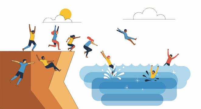 Diverse individuals bravely leap from a cliff into a vibrant blue ocean