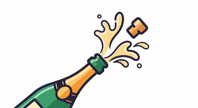 An opened bottle of champagne sprays out with the cork flying