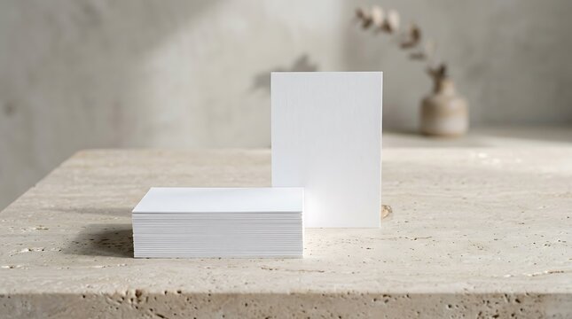 Stack of white business cards and single card standing upright on stone table, minimalist branding mock-up presentation.
