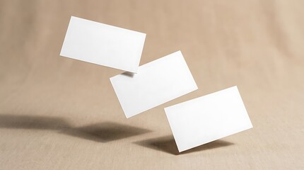 Fototapeta premium Three blank white business cards floating and casting shadows on a textured beige background, a clean and modern presentation.