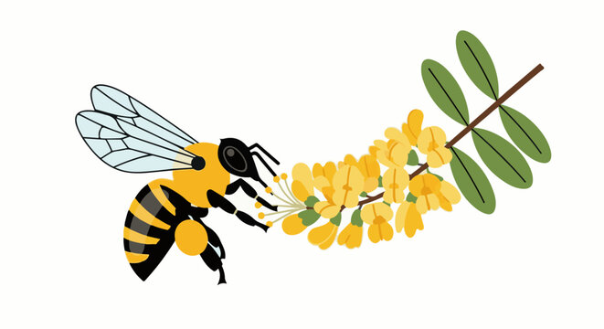 Animated bee collecting nectar from yellow flowers on a branch