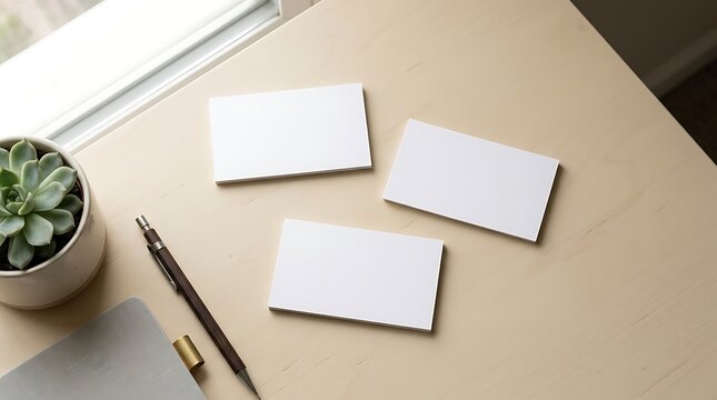 Three blank white business cards arranged on light wooden desk with succulent plant and pen, natural office setting.
