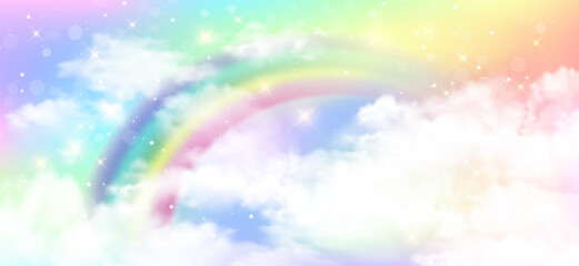 Unicorn, kawaii, magic mermaid and birthday party banner background with holographic rainbow. Cute candy or space galaxy wallpaper with glitter, star and bokeh light. Neon texture sky cloud backdrop. © Impixdesign