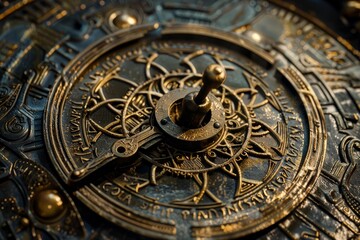 Fototapeta premium Close up of an ornate, metallic device featuring a golden lever activating complex machinery, evoking themes of ancient technology and hidden power