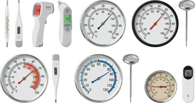 Collection of various thermometers and temperature measurement devices digital electronic infrared gun dial analog probe medical household cooking isolated on white background vector illustration