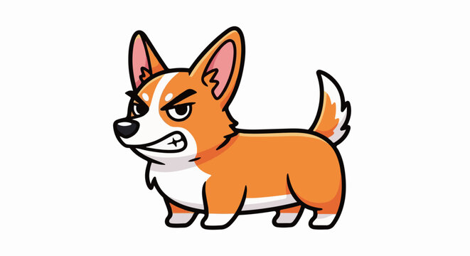 An angry cartoon corgi with orange and white fur, sharp teeth bared
