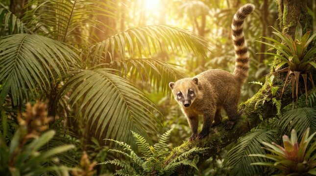 A ring tailed coati explores a lush tropical rainforest habitat with warm sunlight, providing a cinematic view of this curious mammal in its natural wild environment for a stunning nature portrait.