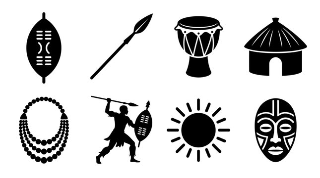Zulu Heritage Vector Icons Set &mdash; Shield, Spear, Drum, Hut, Necklace, Warrior, Sun Symbol, and Tribal Mask Silhouette Vector Illustration Representing African Culture and Tradition