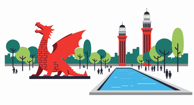 A vibrant park scene with a large red dragon statue, iconic towers, and a tranquil pool
