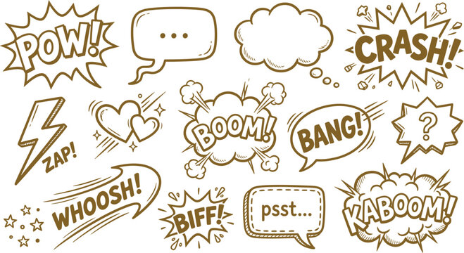 Comic book speech bubbles collection hand drawn sound effects and dialogue boxes for graphic design
