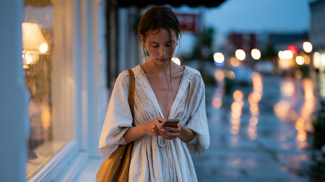 Rain-soaked city street at twilight where a woman pauses under a shop awning to apply tinted SPF from her purse, the glistening pavement reflecting storefront signs behind her, the gesture both prac