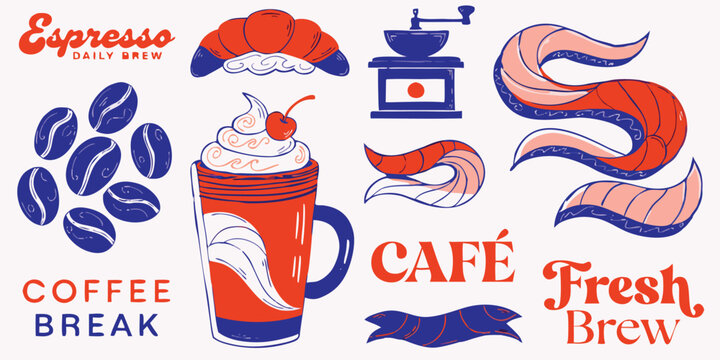Nautical style coffee and pastry illustration set in blue and coral colors with decorative waves and whipped cream latte.