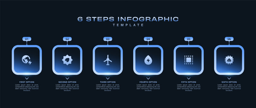 Futuristic 6 step infographic template with glowing blue neon elements, modern business workflow layout, digital presentation design, technology process chart, vector UI visualization pack