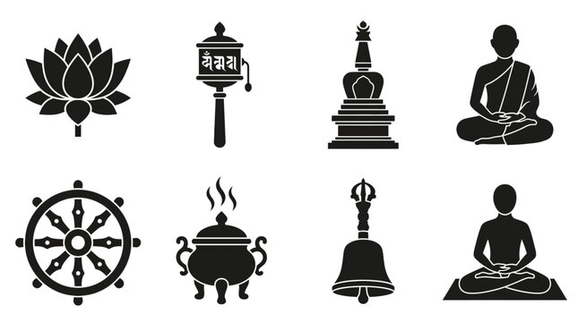 Buddhist Spiritual Symbols Vector Icons Set &mdash; Lotus, Prayer Wheel, Stupa, Monk, Dharma Wheel, Incense Burner, Bell, and Meditation Pose Silhouette Vector Illustration Representing Enlightenment