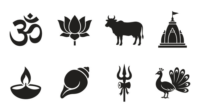 Hindu Spiritual Symbols Vector Icons Set &mdash; Om Sign, Lotus Flower, Cow, Temple, Diya Lamp, Conch Shell, Trishula, and Peacock Silhouette Vector Illustration Representing Indian Culture