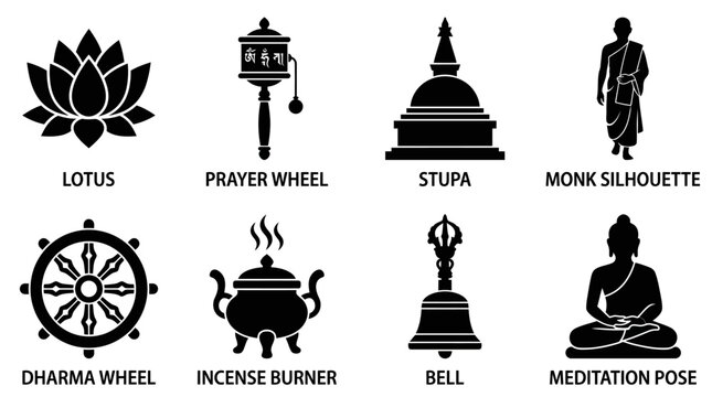 Buddhist Spiritual Symbols Vector Icons Set &mdash; Lotus, Prayer Wheel, Stupa, Monk, Dharma Wheel, Incense Burner, Bell, and Meditation Pose Silhouette Vector Illustration Representing Enlightenment