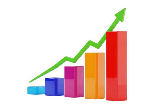 Colorful bar chart with upward growth trend line isolated on transparent background