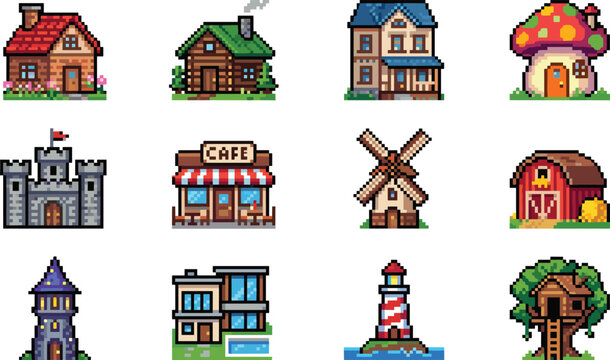 Comprehensive 8-bit game asset set with diverse architectural buildings cozy cottages fantasy towers and a modern villa isolated on white background