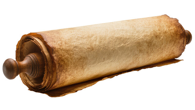Antique parchment scroll with wooden handles, isolated on transparent background