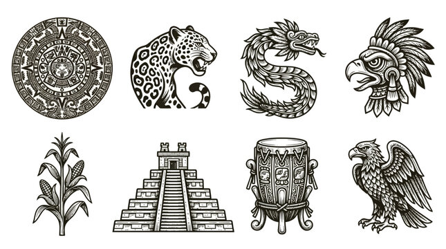 Aztec and Mayan Culture Vector Icons Set &mdash; Calendar, Jaguar, Quetzalcoatl, Mask, Corn, Pyramid, Drum, and Eagle Silhouette Vector Illustration Representing Ancient Mesoamerican Civilization