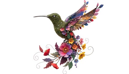Fototapeta premium Decorative floral hummingbird isolated on elegant botanical background With shadow. AI GENERATED.
